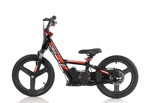 Introducing the Revvi 16" Plus Kids Electric Balance Bike in red, a kid-friendly electric bike. It boasts a sleek frame with eye-catching red accents, wide tires for stability, and a comfortable seat for young riders. The straight handlebars enhance control, while the battery is discreetly integrated into the frame against a simple white background.
