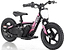 Presenting the Revvi 12" Kids Electric Balance Bike - Pink, an off-road adventure machine designed for kids. This electric-powered motorbike sports a bold pink and black design with chunky tires, an adjustable seat, and is equipped with a sturdy frame and handlebars. Featuring throttle control and a compact motor housing on the side, this bike offers thrilling rides for young adventurers.