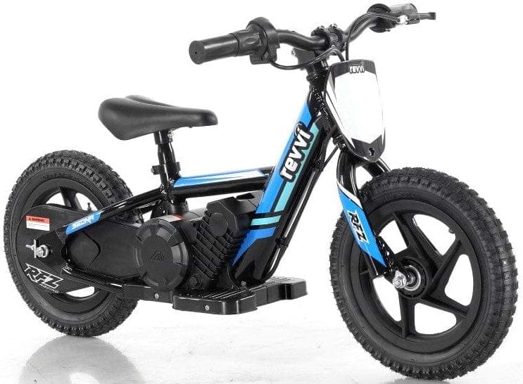 Introducing the Revvi 12" Kids Electric Balance Bike - Blue, featuring a sporty black and blue design with chunky tires, a small seat, and handlebars. This lightweight bike is equipped with throttle control and proudly displays the "Revvi" brand on its frame.