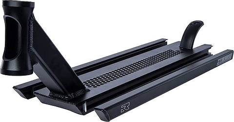 The Root Industries Xtension Black Stunt Scooter Deck - 22" boasts a sleek design with a perforated base and adjustable mounts for stabilizing performance. Crafted from robust aluminum, its sturdy construction and smooth finish stand out beautifully against the white background.