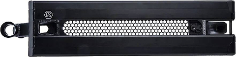 A close-up view of the Root Industries Xtension Black Stunt Scooter Deck - 21" showcases its industrial design with a central hexagonal mesh, suggesting it functions as a ventilated or protective cover. The deck is equipped with a loop on one end and features a bolt or connector that allows for versatile width extensions.