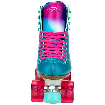 Introducing the Riedell Orbit Quad Roller Skates - Lagoon: an eye-catching outdoor skate featuring a vibrant teal high-top boot design adorned with pink laces. The upper part showcases a stunning gradient of blue, purple, and white, while translucent pink wheels and a light blue front stopper complete the stylish look.