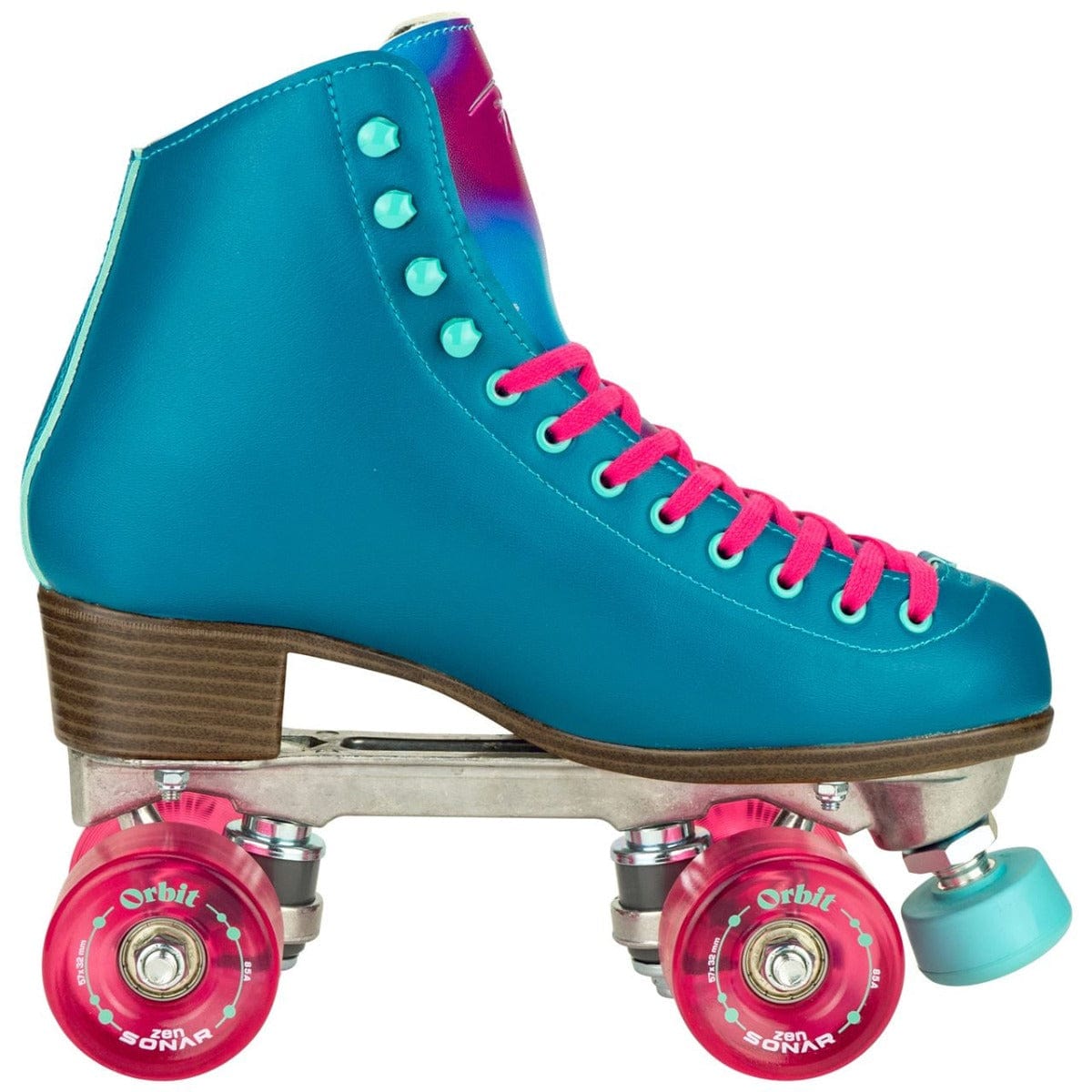 The Riedell Orbit Quad Roller Skates - Lagoon, by Riedell, showcase a striking vibrant blue color complemented by pink wheels, making them an ideal choice for stylish gliding. These outdoor roller skates feature a high-top boot design that provides excellent support and flair on every adventure.