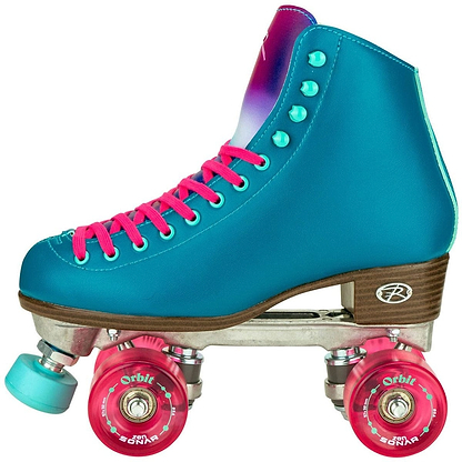 The Riedell Orbit Quad Roller Skates - Lagoon showcase a vibrant blue high-top boot with pink laces and wheels. The gradient transitions into purple at the top, complemented by a wooden heel, making them perfect for outdoor fun. The wheels are adorned with "Sonar" and "Orbit," offering a stylish touch for any adventure.