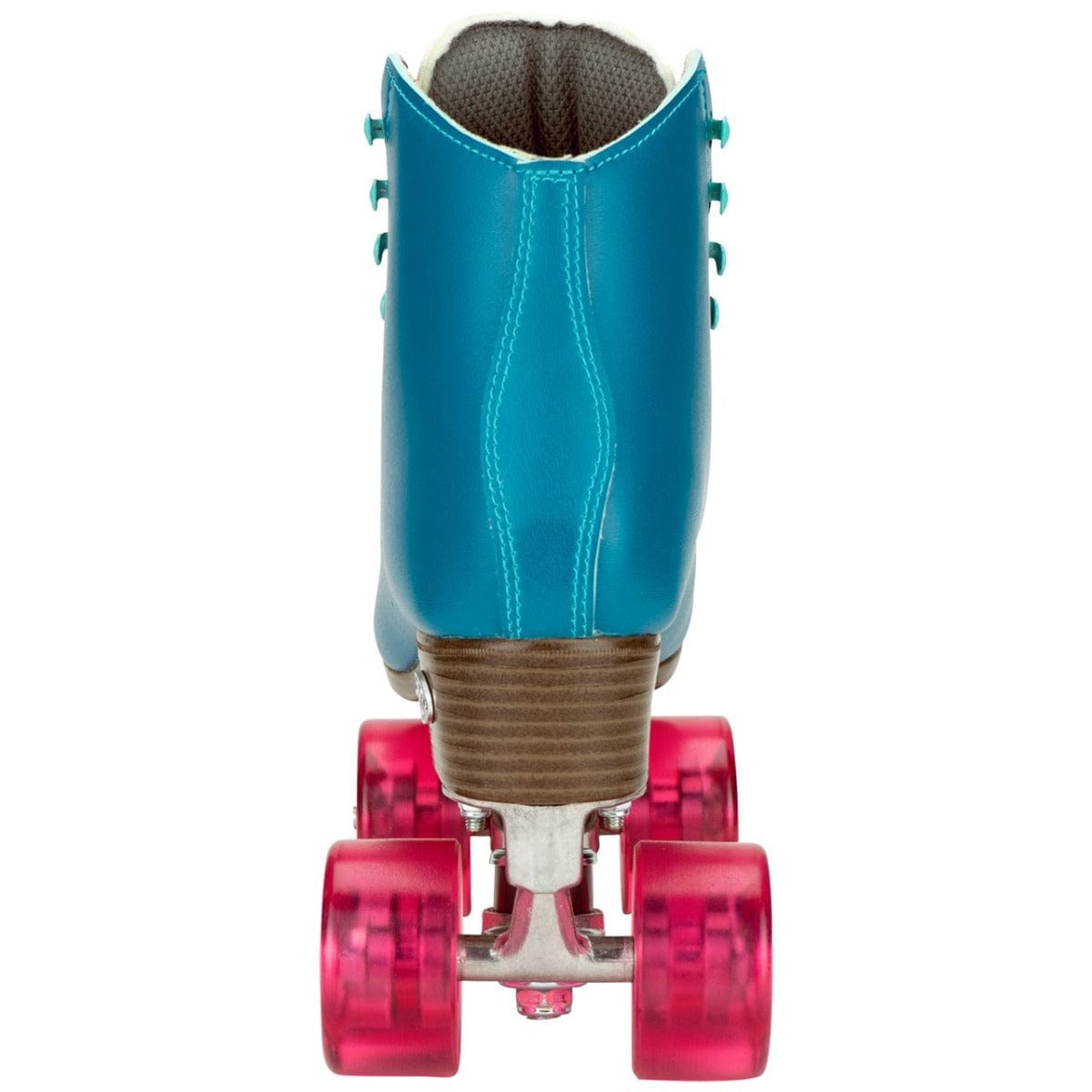 Close-up rear view of Riedell Orbit Quad Roller Skates - Lagoon showcasing a turquoise high-top boot design with pink translucent wheels. These skates feature white laces and a wooden heel, all set against a plain white background, ideal for outdoor adventures.