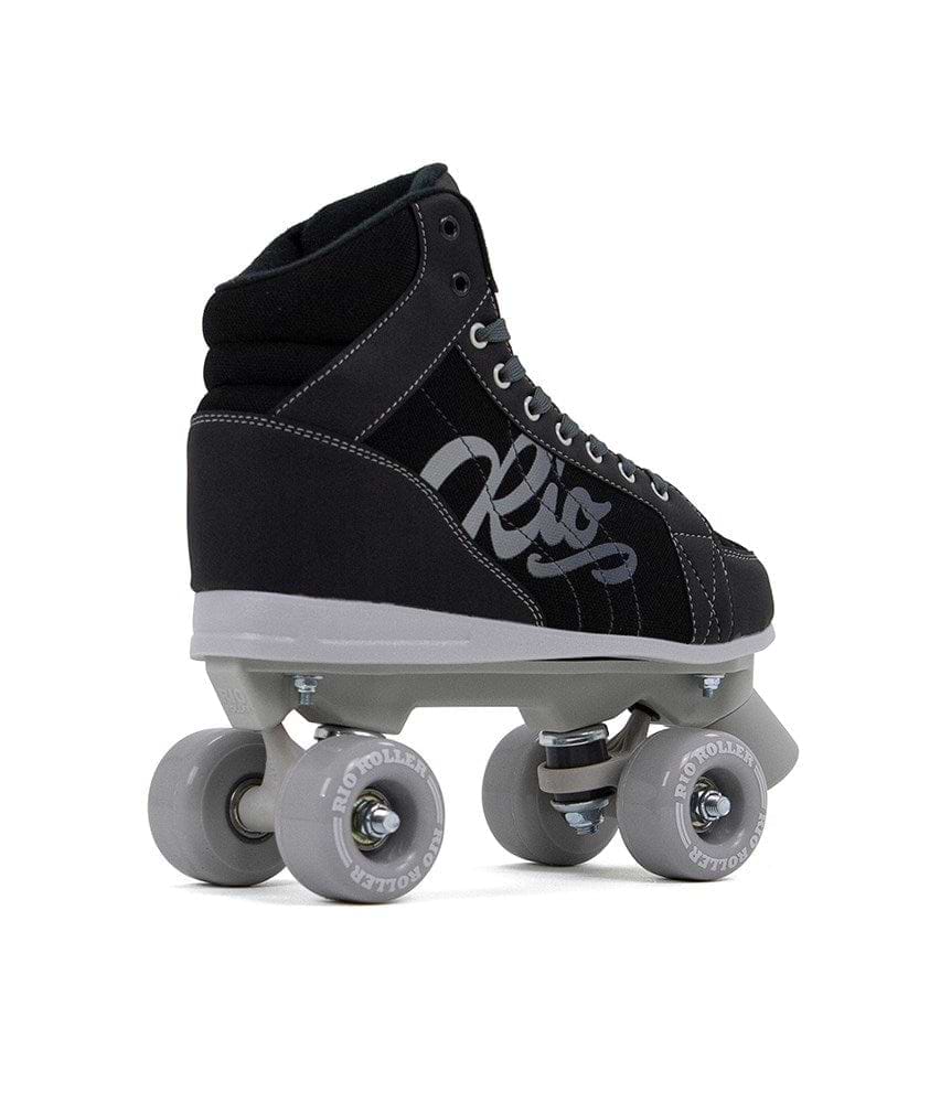 The Rio Roller Lumina Quad Roller Skates - Black / Grey by Rio Roller boast a chic black PVC leather boot paired with grey wheels, delivering both elegance and functionality.