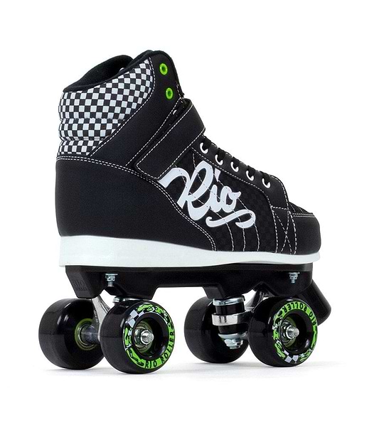 Introducing the Rio Roller Mayhem II Quad Roller Skates in black by Rio Roller, designed with a Hi-Impact Chassis for enhanced durability. Each skate features green accents, a stylish checkered pattern around the ankle, and striking neon green wheel details. Complete with four black wheels and a white sole, these skates are ideal for any roller derby enthusiast.