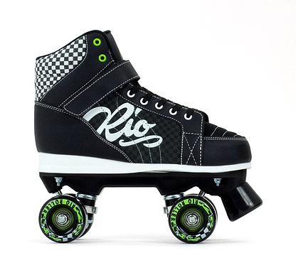 The Rio Roller Mayhem II Quad Roller Skates in black feature a checkered pattern with neon green accents. Complementing their four-wheel design and Hi-Impact Chassis, these skates include a black stopper and have "Rio" elegantly scripted on the side, all set against a plain white backdrop.