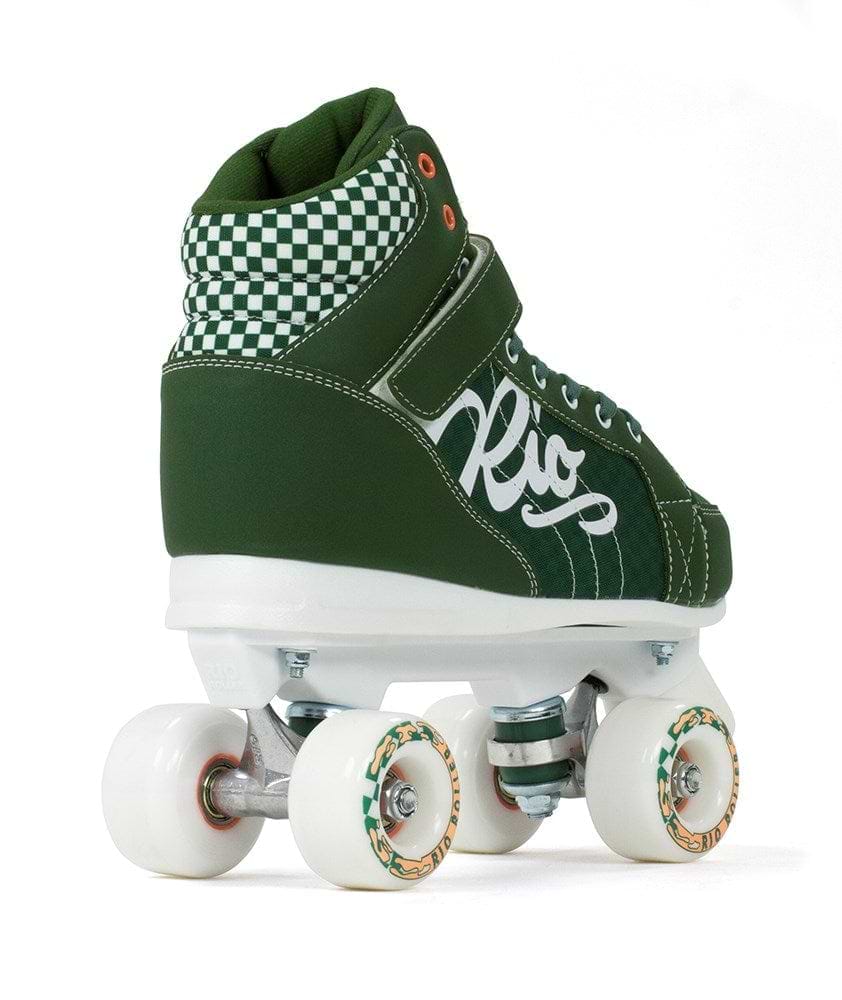 A retro-style Rio Roller Mayhem II Quad Roller Skate in green, featuring white wheels and a chequered design on the high-top ankle area. The word "Rio" is stylishly printed on the side, capturing the spirit of Rio Roller. The background is plain white.