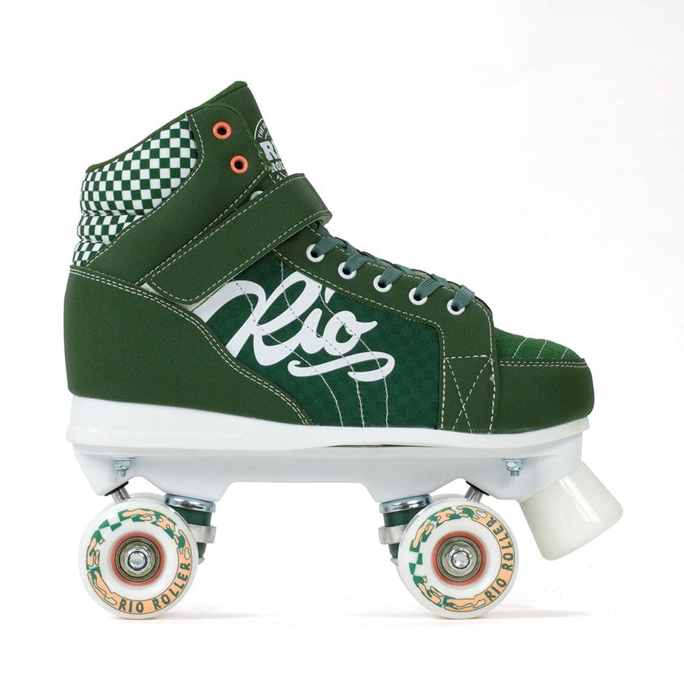 The Rio Roller Mayhem II Quad Roller Skates - Green by Rio Roller features a chequered design around the ankle, with "Rio" elegantly scripted on the side. This roller derby-style skate comes in green with white laces and wheels. Two orange eyelets provide a touch of flair at the top, while the wheels are adorned with decorative orange and green designs that embody the true Rio Roller Mayhem vibe.