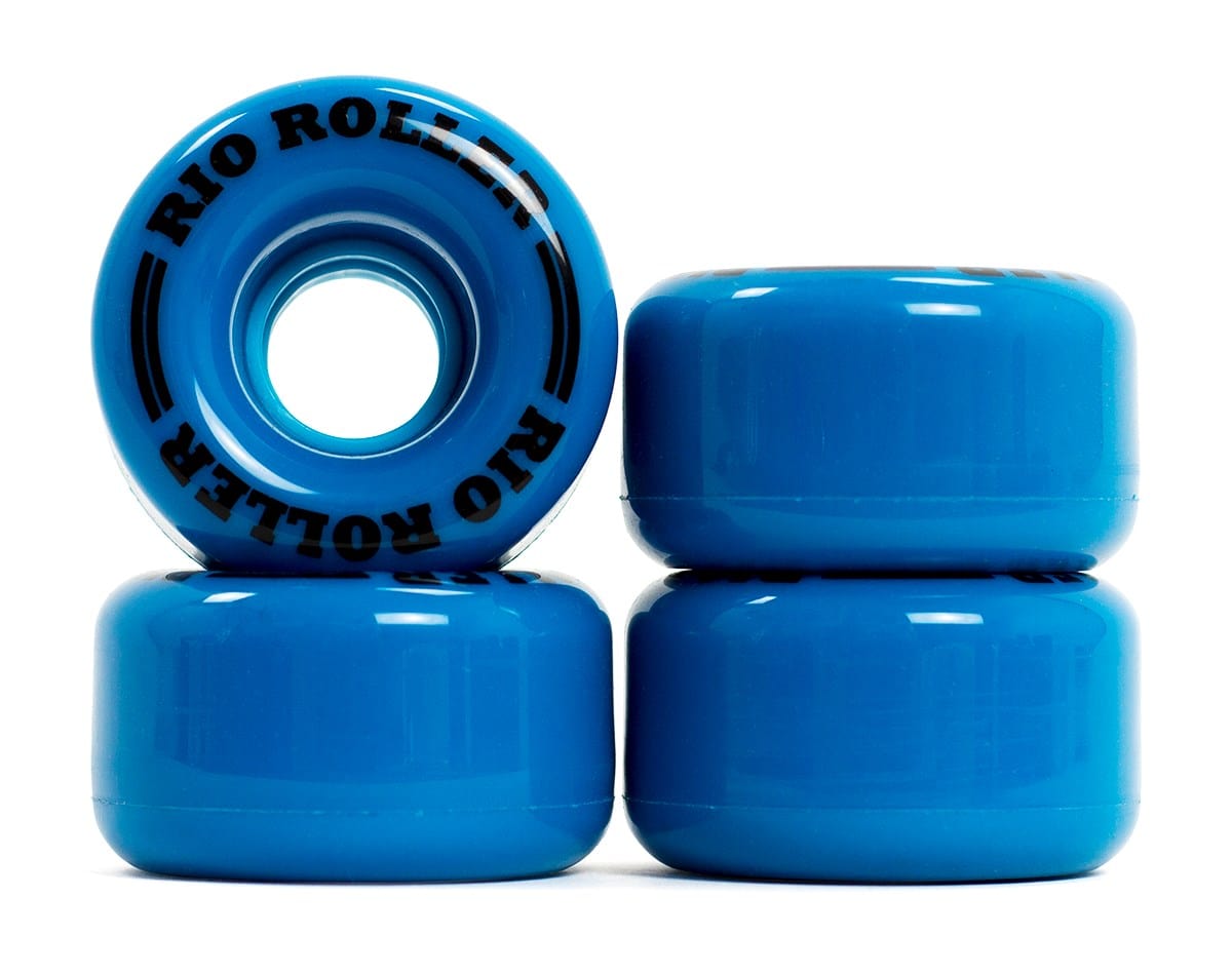 A set of four vibrant blue Rio Roller Coaster 82A Quad Roller Skate Wheels, sized at 58mm x 33mm, are arranged with one wheel standing upright to highlight the "Rio Roller" brand logo. The remaining wheels are positioned horizontally to demonstrate their smooth surface and high-quality PU material for added stability.