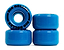 A set of four vibrant blue Rio Roller Coaster 82A Quad Roller Skate Wheels, sized at 58mm x 33mm, are arranged with one wheel standing upright to highlight the "Rio Roller" brand logo. The remaining wheels are positioned horizontally to demonstrate their smooth surface and high-quality PU material for added stability.