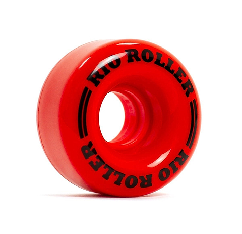 A vibrant red roller skate wheel, prominently displaying "RIO ROLLER" in bold black lettering around the rim, is set against a plain white background. These PU wheels offer exceptional stability and belong to the Rio Roller Coaster 82A Quad Roller Skates Wheels collection.