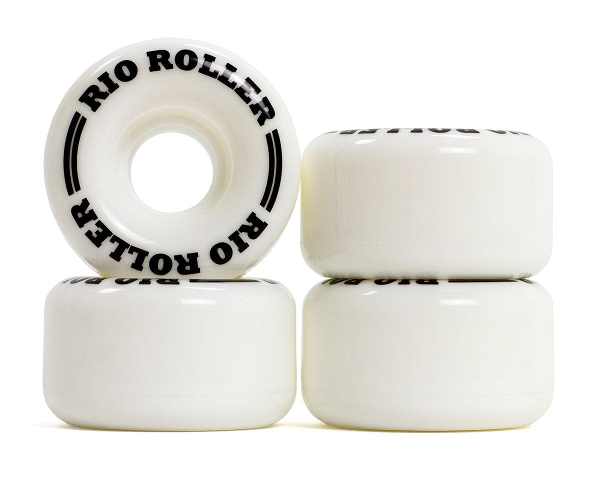 Four white 58mm x 33mm PU wheels are arranged in a square configuration, providing stability for smooth skating. The words "Rio Roller Coaster" encircle each wheel in black, highlighting their glossy finish.