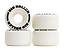 Four white 58mm x 33mm PU wheels are arranged in a square configuration, providing stability for smooth skating. The words "Rio Roller Coaster" encircle each wheel in black, highlighting their glossy finish.
