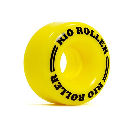 Close-up of the Rio Roller Coaster 82A Quad Roller Skates Wheel in vibrant yellow, measuring 58mm x 33mm, with "RIO ROLLER" elegantly printed in black around the edges, highlighting its stability. The PU wheel is positioned upright against a plain white background.