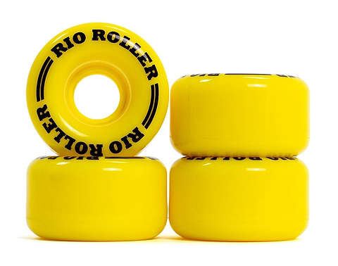 Four bright yellow PU wheels, labeled as Rio Roller Coaster 82A Quad Roller Skates Wheels, prominently showcase the "Rio Roller" brand name in bold black. One wheel remains upright for balance while the other three are arranged horizontally next to it.