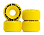 Four bright yellow PU wheels, labeled as Rio Roller Coaster 82A Quad Roller Skates Wheels, prominently showcase the "Rio Roller" brand name in bold black. One wheel remains upright for balance while the other three are arranged horizontally next to it.