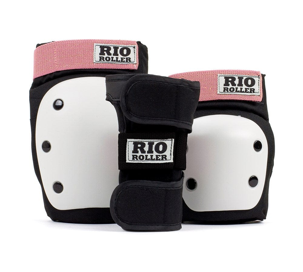 Introducing the Rio Roller Triple Skate Protection Pad Set in Black/Rose by Rio Roller, featuring dual splint wrist guards for maximum support. This protective gear set includes knee, elbow, and wrist pads with stylish black and pink fabric accents. The knee pads boast white caps while providing essential protection.