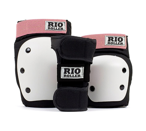 Introducing the Rio Roller Triple Skate Protection Pad Set in Black/Rose by Rio Roller, featuring dual splint wrist guards for maximum support. This protective gear set includes knee, elbow, and wrist pads with stylish black and pink fabric accents. The knee pads boast white caps while providing essential protection.