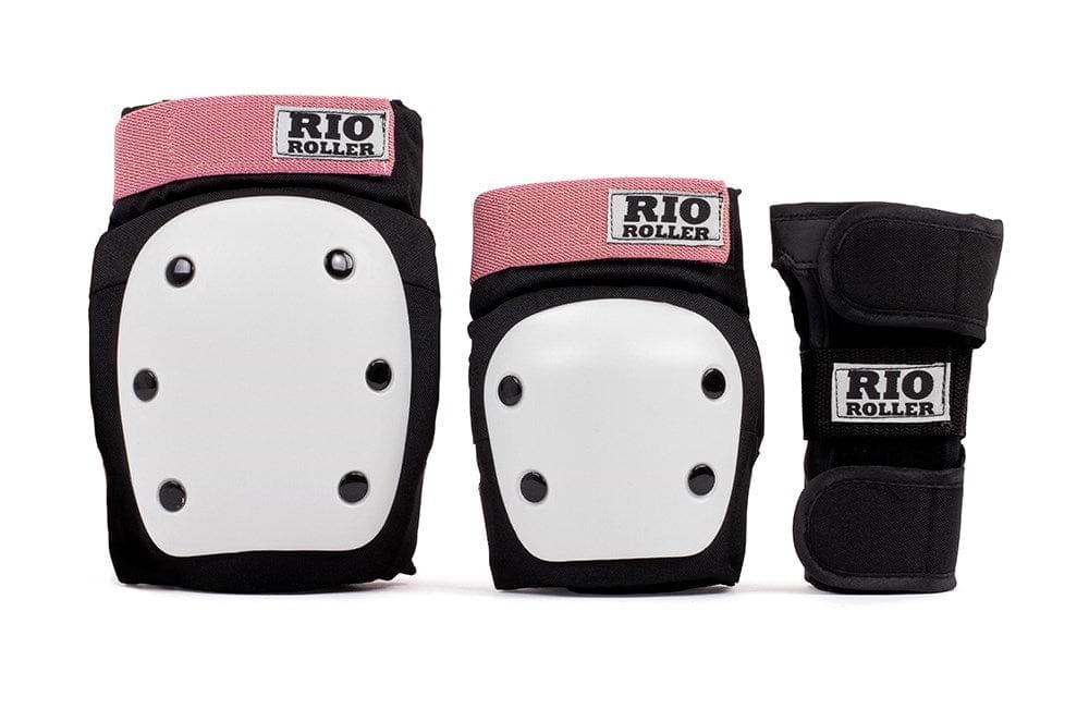 The Rio Roller Triple Skate Protection Pad Set - Black / Rose by Rio Roller includes a ramp-style set with dual splint wrist guards, black knee pads, and elbow pads. The gear features white plastic shields and rose-colored fabric accents for added flair.