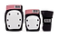 The Rio Roller Triple Skate Protection Pad Set - Black / Rose by Rio Roller includes a ramp-style set with dual splint wrist guards, black knee pads, and elbow pads. The gear features white plastic shields and rose-colored fabric accents for added flair.