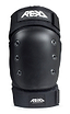 Close-up of the REKD Pro Ramp Skate Protection Knee Pads in black, showcasing a durable hard shell and metal rivet details. These knee pads feature the "REKD" logo and "Performance Protection" text on a fabric strap near the top. The ergonomic design includes knee recesses and adjustable Velcro straps to ensure a secure fit.