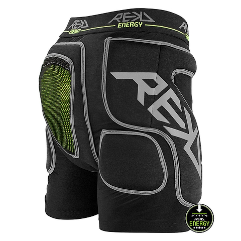 Black REKD Energy Impact Skate Protection Shorts feature gray accents, a green mesh ventilation panel, and a coccyx bone protector. "REKD Energy" branding is prominently displayed on the waistband and leg, while a circular logo at the bottom right corner provides additional product details for these shorts.