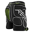 Black REKD Energy Impact Skate Protection Shorts feature gray accents, a green mesh ventilation panel, and a coccyx bone protector. "REKD Energy" branding is prominently displayed on the waistband and leg, while a circular logo at the bottom right corner provides additional product details for these shorts.
