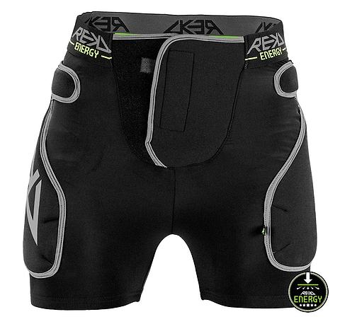 A pair of REKD Energy Impact Skate Protection Shorts in black are displayed against a white background, featuring a coccyx bone protector for enhanced safety.