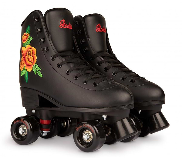 The Rookie Rosa Quad Roller Skates - Black feature striking black wheels and bold yellow and orange floral embroidery. Highlighted with the "Rookie" branding in red, these skates are vegan-friendly and come with a padded fleece lining to ensure maximum comfort.