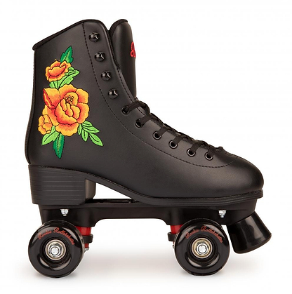 The Rookie Rosa Quad Roller Skates - Black, crafted by Rookie, are vegan-friendly skates embellished with vibrant embroidered flowers. They boast a high-top design, red wheel accents, black laces, and a padded fleece lining for enhanced comfort.