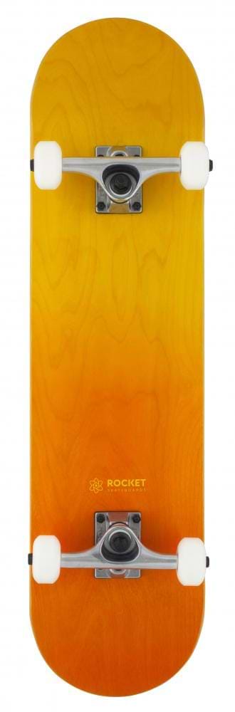 The Rocket Double Dipped Orange / Yellow Complete Skateboard - 8" x 31" is ideal for beginners, featuring a sleek orange and yellow gradient deck made from 7-ply hardrock maple. It comes equipped with sturdy aluminum trucks and smooth white wheels, proudly displaying the "Rocket" logo on the board.