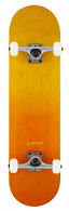 The Rocket Double Dipped Orange / Yellow Complete Skateboard - 8" x 31" is ideal for beginners, featuring a sleek orange and yellow gradient deck made from 7-ply hardrock maple. It comes equipped with sturdy aluminum trucks and smooth white wheels, proudly displaying the "Rocket" logo on the board.