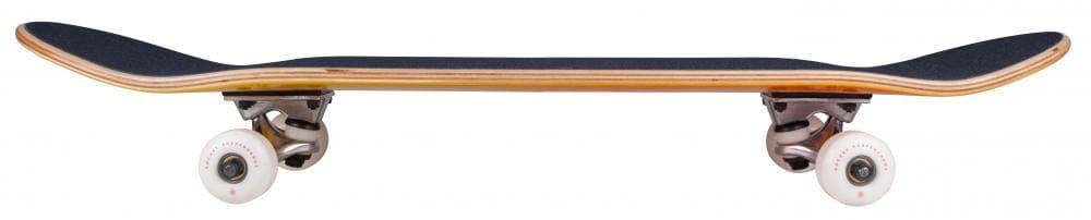 A side view of the Rocket Double Dipped Orange / Yellow Complete Skateboard showcases its black grip tape on a wooden deck, made from 7-ply hardrock maple. The skateboard features white wheels and durable aluminum trucks, positioned horizontally against a white background.