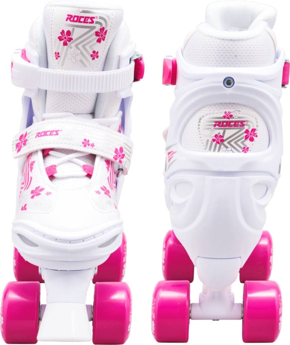 The Roces Quaddy 3.0 Adjustable Kids Roller Skates in white and pink are perfect for beginners, featuring a lovely floral design. Each skate is equipped with four pink wheels and a reliable 3-point closure system for secure fastening, elegantly combining a white base with delicate pink accents and charming flowers.