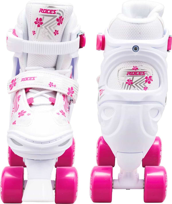 The Roces Quaddy 3.0 Adjustable Kids Roller Skates in white and pink are perfect for beginners, featuring a lovely floral design. Each skate is equipped with four pink wheels and a reliable 3-point closure system for secure fastening, elegantly combining a white base with delicate pink accents and charming flowers.