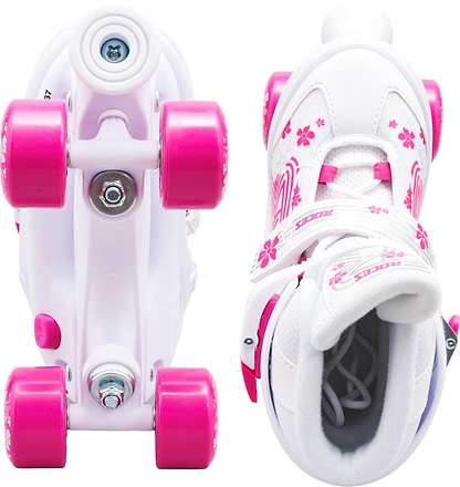 Product Description: The Roces Quaddy 3.0 Adjustable Kids Roller Skates in white and pink feature a delightful floral design. One skate is photographed from the bottom to reveal its pink wheels and stopper, while the other is displayed from above, highlighting the laces and adjustable ankle support for a secure fit.