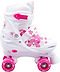 Introducing the Roces Quaddy 3.0 Adjustable Kids Roller Skates in White and Pink by Roces. These beginner skates feature delightful pink accents and charming floral patterns. Designed with a 3-point closure system and adjustable straps, they glide effortlessly on four pink wheels proudly labeled "QUAD." The vibrant and youthful design is ideal for those new to skating.