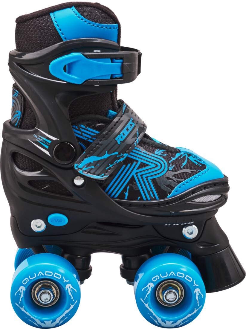 Introducing the Roces Quaddy 3.0 Adjustable Kids Roller Skates in Black and Astro Blue by Roces, designed for beginners. These skates feature adjustable straps and a robust exoskeleton structure for support. With four wheels that showcase bold patterns and "quaddy" text, they're ideal for outdoor adventures.