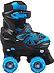 Introducing the Roces Quaddy 3.0 Adjustable Kids Roller Skates in Black and Astro Blue by Roces, designed for beginners. These skates feature adjustable straps and a robust exoskeleton structure for support. With four wheels that showcase bold patterns and "quaddy" text, they're ideal for outdoor adventures.
