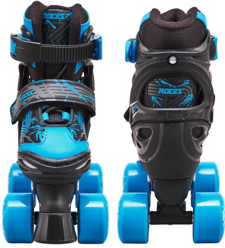 Two Roces Quaddy 3.0 Adjustable Kids Roller Skates in Black and Astro Blue are displayed, designed for children. One skate faces forward while the other is viewed from the back, showcasing their exoskeleton structure and adjustable straps. The wheels stand out in a bright blue color.