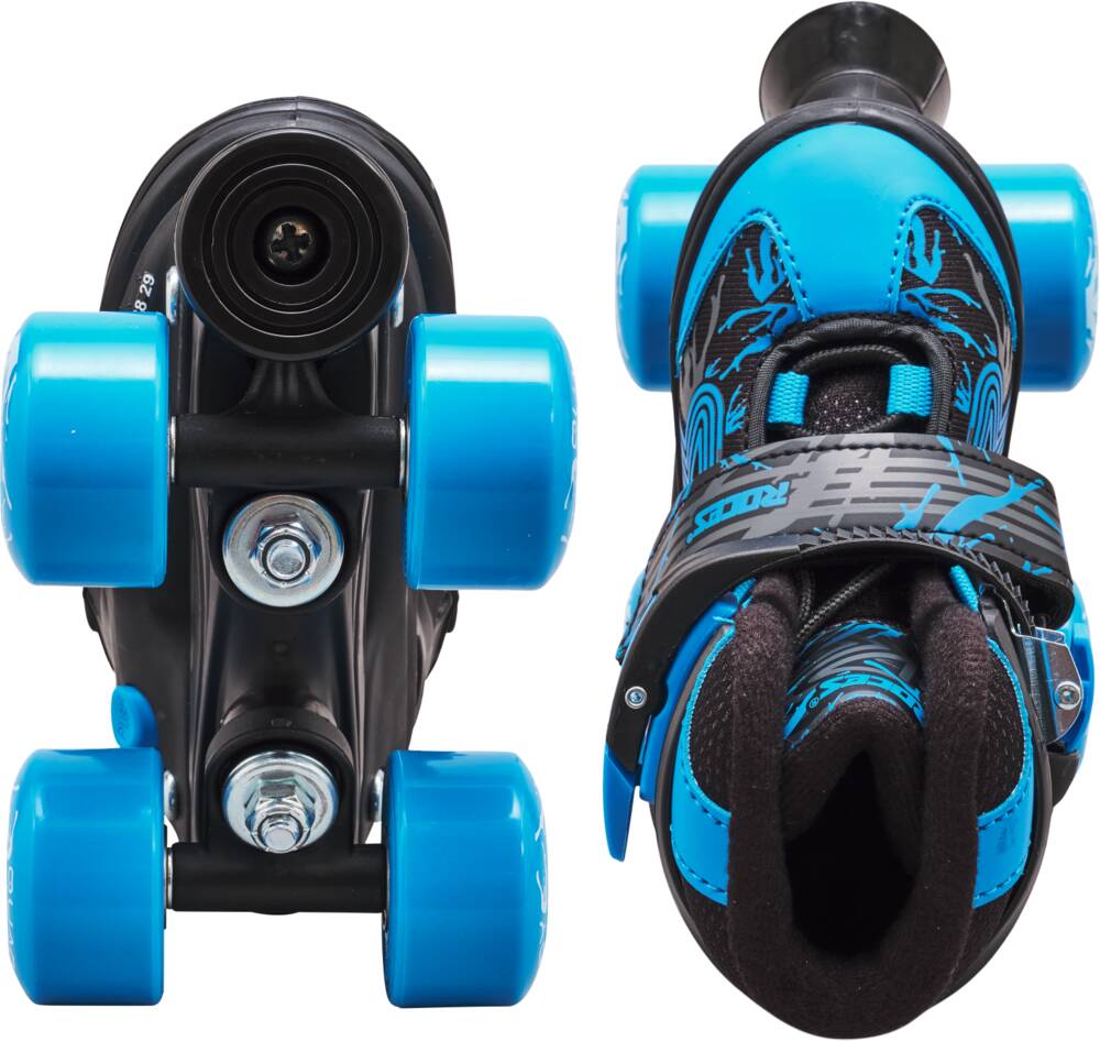 The Roces Quaddy 3.0 Adjustable Kids Roller Skates in Black and Astro Blue feature a versatile design. The left skate is displayed from the bottom, showcasing its four wheels, while the right skate highlights a padded interior, velcro strap, and an exoskeleton structure for enhanced support.