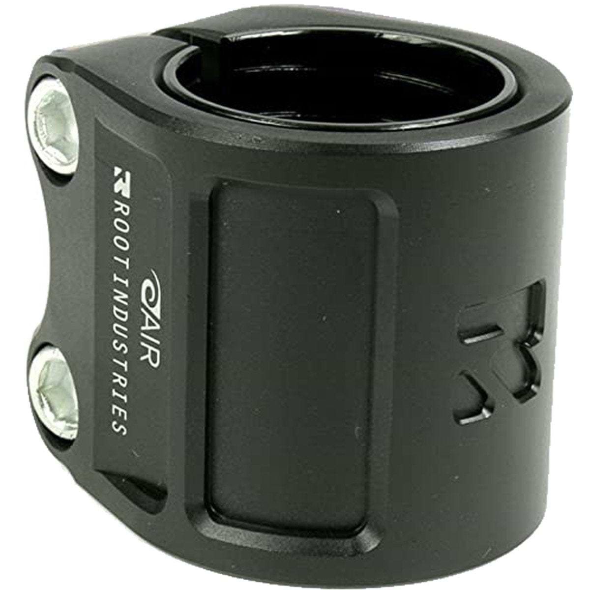 The stylish Root Industries AIR 2 Bolt Oversized Stunt Scooter Clamp - Black showcases a sleek black metal finish and is equipped with two silver bolts on the left. A white logo and brand name are elegantly displayed on the side of this cylindrical piece, which features a large circular opening for simple installation onto your scooter.