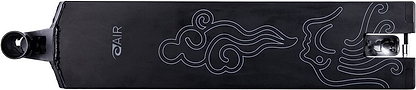 The Root Industries AIR V2 Black Stunt Scooter Deck, measuring 5.25" x 20.5", features intricate white line designs resembling clouds and has the word "AIR V2" printed vertically on the left side. This aluminium deck offers a sleek, minimalist look while being engineered for top-tier performance.