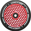 The Root Industries Honeycore 120mm Stunt Scooter Wheel in Black and Red features a black outer edge with "Root Industries" text. It includes premium Root bearings housed in a red inner hub, which boasts an eye-catching honeycomb cut-out design.