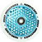 The Root Industries Honeycore 110mm Stunt Scooter Wheel in white and blue boasts a light blue honeycomb cut-out design with a white outer edge, featuring black lettering that displays the Root Industries brand name. This scooter wheel is also equipped with premium Root bearings to ensure a smooth ride.