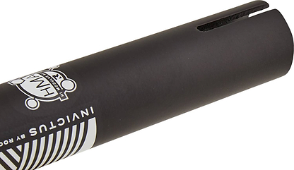 Close-up of the Root Industries Invictus Aluminium IHC Stunt Scooter Bars in black, featuring white graphics, including the word "INVICTUS." The top has a slightly open cutout section. Made from high-quality HMA Alloy, these bars showcase concentric circles and abstract lines.