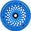 The Radiant Blue Root Industries Lotus 110mm Scooter Wheel features an intricate lattice-style design with the brand names "Lotus" and "Root Industries" elegantly written around its edge, making it ideal for freestyle scooter enthusiasts.