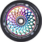 The Root Industries Lotus 110mm Scooter Wheel - Neochrome Rocket Fuel showcases a vibrant core with metallic rainbow hues, paired with a black tire. Designed for freestyle scootering, the geometric pattern on the inner core resembles a lotus flower and features "LOTUS" along with "ROOT INDUSTRIES" on the tire.